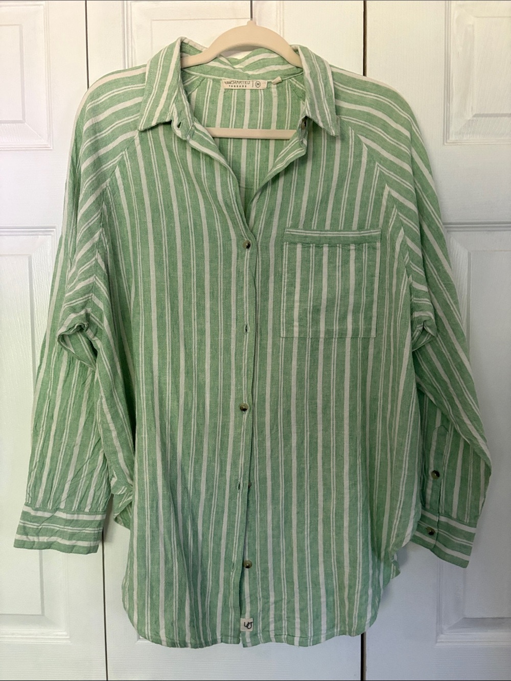 Uncharted Threads Green and White Striped Button-Up Top and matching shorts Med. - Picture 2 of 12